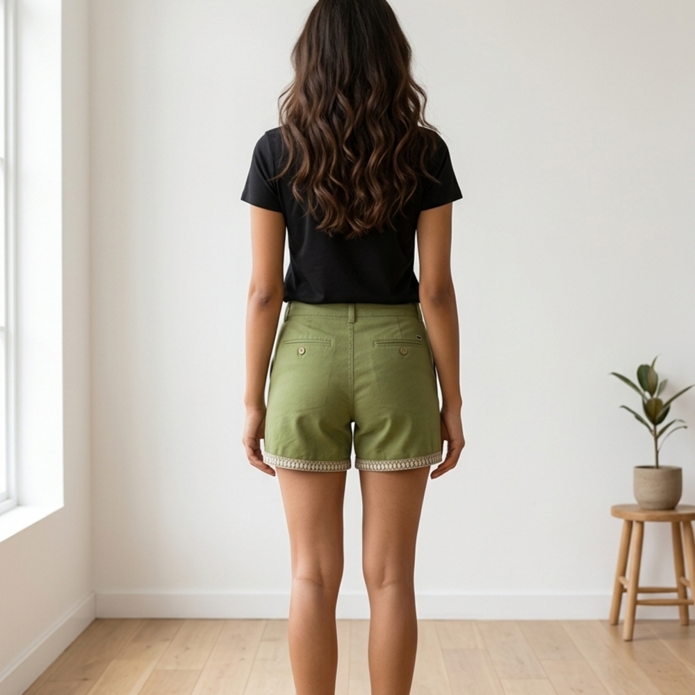 High-Rise Olive Green Embroidered Hem Women's Shorts - Picture 2 of 9